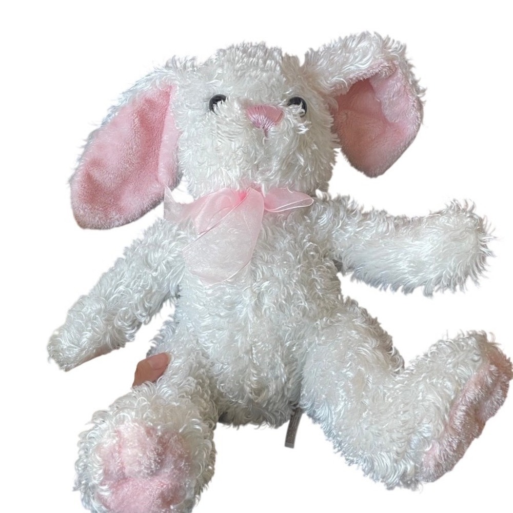 White Curly Plush Bunny Rabbit Pink Satin Ears Organza Bow Stuffed Animal‎ Toy